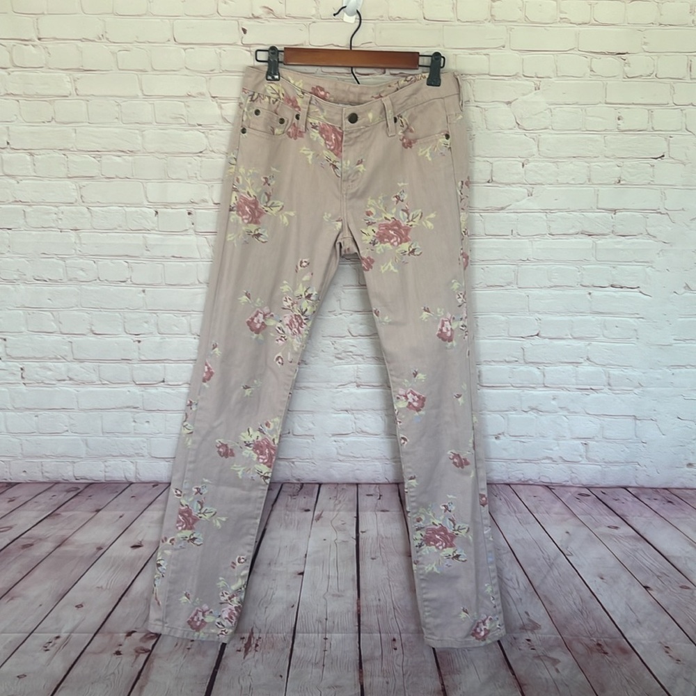 Floral Print Beige Women's Jeans - Rose Pattern